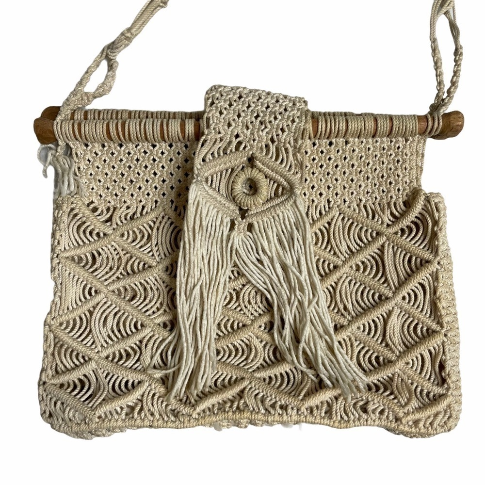 Handmade Macrame Boho Crossbody Purse Neutral Woven Bag Festival Beach Style - Picture 4 of 12